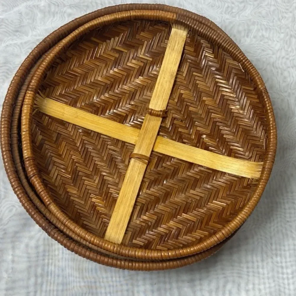 VTG, Mid Century Handcrafted Brown Woven Wicker Rattan Storage Basket with Lid